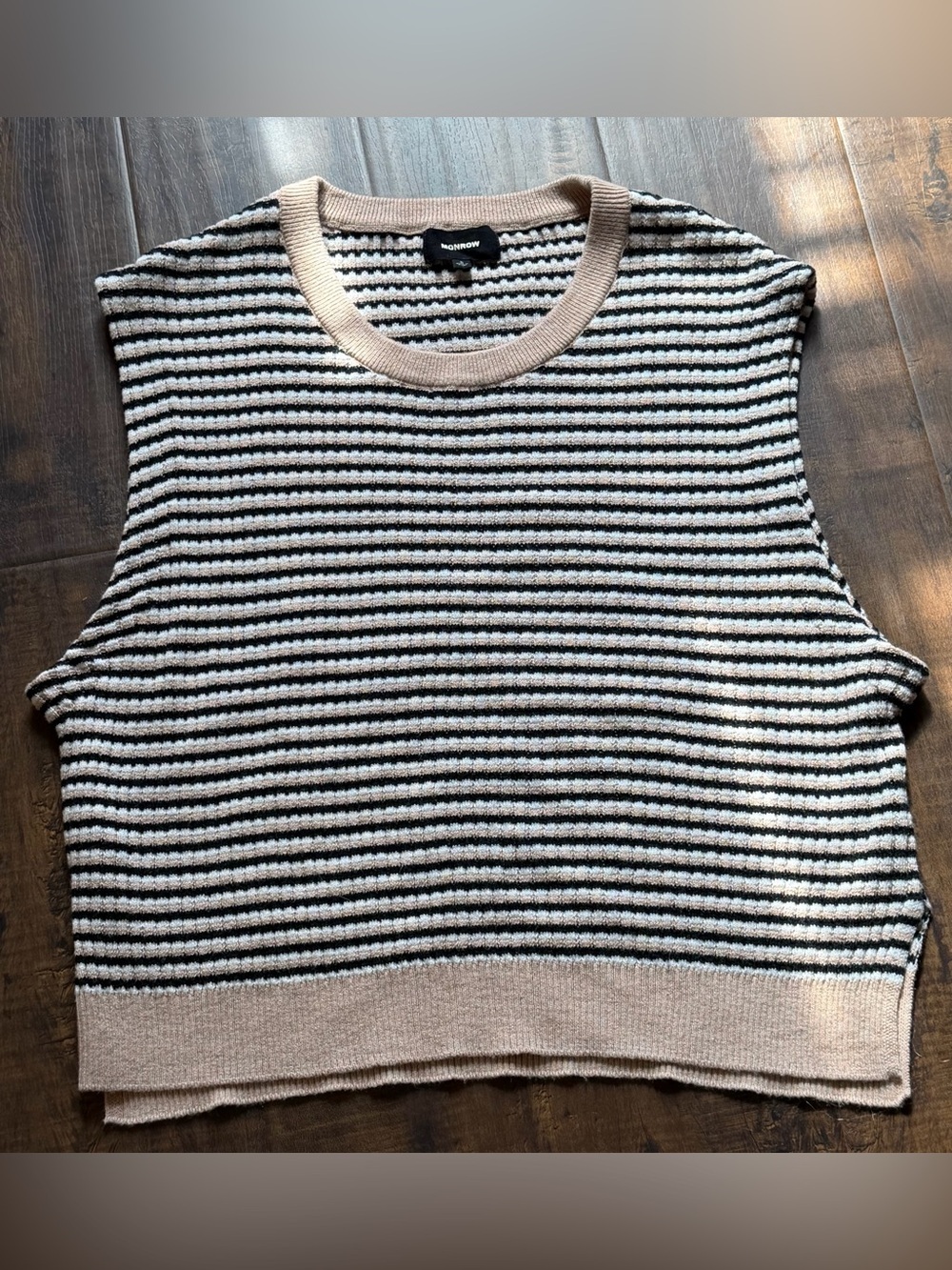 Monrow Beige Black and White Striped Knit Sleeveless Tank